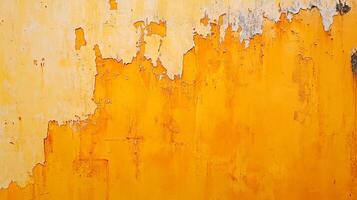 Distressed surface texture featuring a gradient from bright yellow to a lighter, peeling shade, creating a raw, textured effect. photo