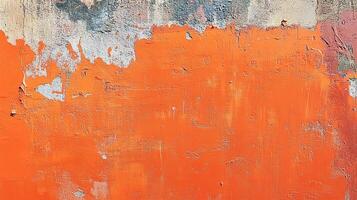 Vibrant orange wall texture with peeling paint creating a distressed abstract pattern. Urban decay and texture. Distressed finish. photo