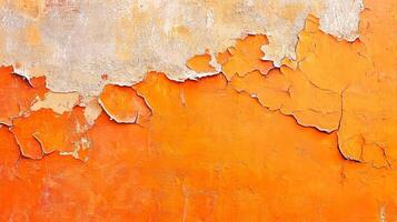 A textured wall shows orange paint peeling away from a cream-colored layer beneath, creating an abstract and aged surface aesthetic. photo