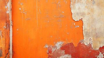 Fragmented orange wall, a vibrant yet decaying surface, hints at hidden stories, layers of time, and the beauty of imperfection. photo