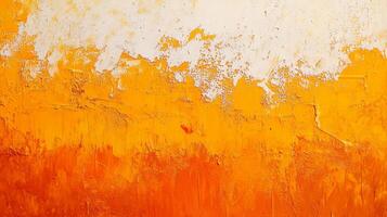 Abstract warm-toned textured wall with layered orange paint and white spots, creating an artistic and weathered surface appearance. photo