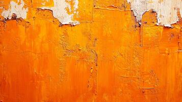 Abstract orange painting with textured surface and peeling areas, showcasing age and artistic expression in a vibrant color palette. photo