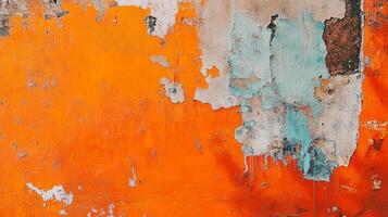 Bright orange wall with peeling paint exposing layers of color, texture, and time. An aged backdrop with vibrant abstract design. photo