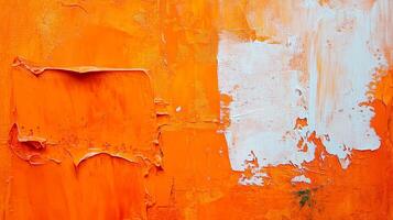 Abstract painting with bold orange and white textures on canvas, creating a vibrant and layered artistic expression. photo