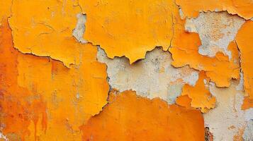Abstract orange paint peeling off a rough concrete wall, creating a textured surface and revealing the layer beneath. photo