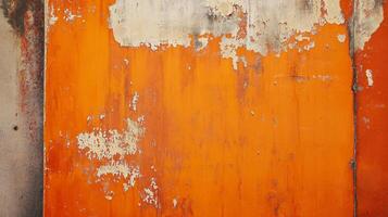 Distressed orange wall with peeling paint, showcasing texture and age in urban decay. Captivating weathered surface with unique pattern details. photo