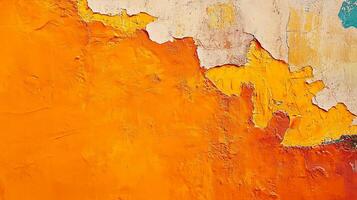 Abstract painting of orange paint peeling off a wall with tan patches. The rough texture evokes a sense of age and decay, yet vibrance. photo