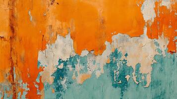 Abstract wall with vibrant textures, orange and blue, showcasing a sense of age and decay, creating an artistic and visually appealing pattern. photo