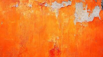 Textured orange wall with peeling paint and rough concrete. A rustic, weathered surface creating a vibrant and textured backdrop. photo