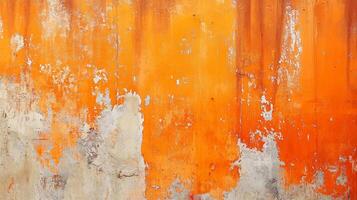 Distressed orange wall with flaking paint creates a rustic, textured backdrop, showcasing age and weathering in a vibrant, abstract composition. photo