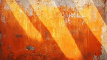 Sunlight washes over a textured orange wall, creating a dynamic play of light and shadow. The old wall is worn and weathered. photo