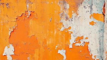 A vibrant orange wall with distressed paint shows the peeling of layers and age. The texture adds character and depth to the surface. photo