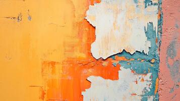 Abstract textured wall with layered paint in warm and cool tones showing wear and age, creating an urban backdrop. photo