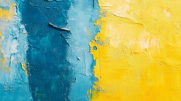 Textured paint strokes blend blues with yellows. A rich, vibrant abstract. The piece uses thick, varied brush strokes to convey depth. photo