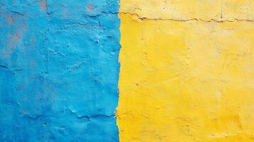 Blue and yellow painted wall with cracks and texture on surface. Colorful abstract backdrop with rough details and split color scheme. photo