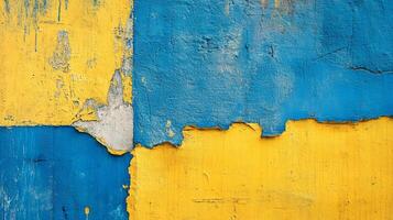 Distressed concrete surface with yellow and blue paint, textured background, and weathered aesthetic, great for various applications. photo