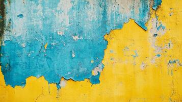 Abstract blue and yellow peeling paint on wall. The textured surface shows age and decay, creating a unique and colorful pattern. photo