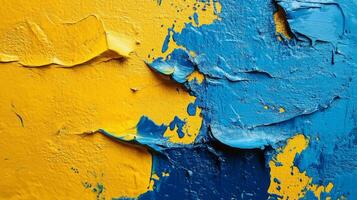 Abstract textured painting featuring contrasting yellow and blue hues. The vibrant colors create depth in this artistic visual piece. photo