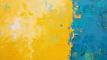 Two-tone painted wall features bright yellow on the left and blue on the right, with a textured and slightly distressed surface. photo