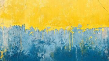 Weathered wall art shows vibrant yellow contrasting with faded blue, creating an interesting texture and abstract backdrop. photo