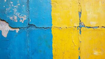 Textured wall surface with vibrant blue and yellow colors, showcasing a weathered and cracked appearance, making for an abstract pattern. photo