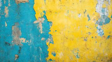 An old wall features peeling blue and yellow paint creating unique patterns. The textured surface shows signs of age and wear. photo