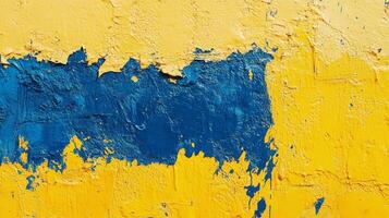 Close-up texture of an old wall with peeling bright yellow and blue paint. Vivid colors and weathered surface create an abstract pattern. photo