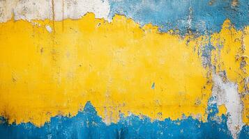 Weathered wall with vibrant yellow and blue paint, showing signs of age and wear, creating an abstract textured background. photo