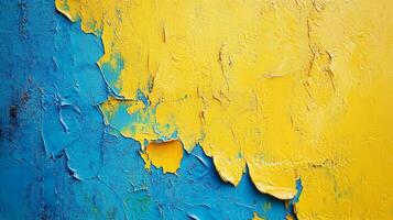 Blue and yellow abstract wall art. Texture with paint peeling. Vibrant colors are complementary and visually striking contrast. photo