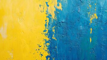 Abstract painting with vivid yellow and blue hues merging in a textured composition, creating a visually dynamic background. photo