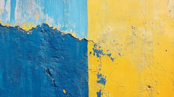 Distressed blue and yellow wall with textured and peeling paint. Captivating contrast, creating a unique visual experience. photo