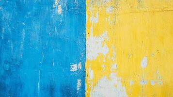 Abstract shot of two-toned concrete, split between bright blue on one side and mustard yellow on the other with a rustic, worn texture. photo