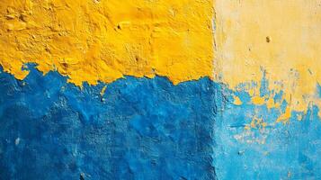 Textured wall surface painted with bright colors, showing a blend of yellow and blue, creating a visually engaging abstract art piece. photo