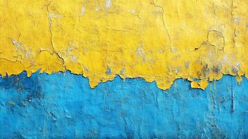 Distressed wall with vibrant yellow and blue paint, showcasing textures and peeling layers. Weathered aesthetic with visual interest. photo