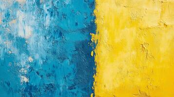 Abstract painted canvas featuring a blue section that transitions to a vivid yellow, showcasing texture and color contrast in the artwork. photo
