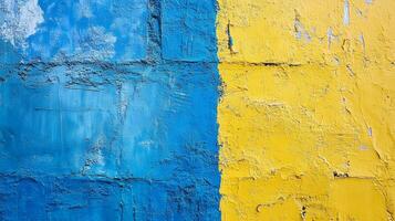 Blue and yellow painted wall texture with visible brush strokes and uneven finish, creating an abstract and bold color block pattern. photo