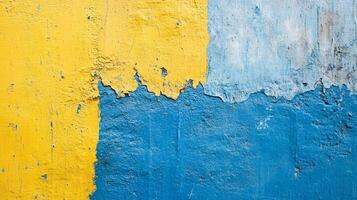 Colorful wall with layers of paint peeling and cracking, creating an abstract textured pattern in yellow, blue, and white shades. photo