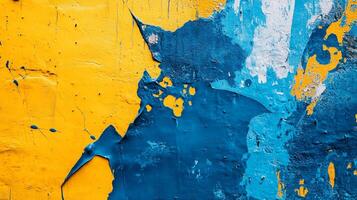 Abstract wall featuring layers of aged paint in striking shades of blue, white, and yellow, creating a textured, visually dynamic surface. photo