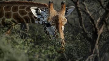 A giraffe, in its natural habitat, gracefully bends down to feed on the lush vegetation, showcasing its unique adaptations. photo