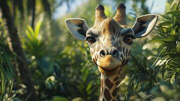A giraffe gazes forward, its face framed by lush greenery, bringing a touch of the wild into sharp focus, creating an immersive moment. photo
