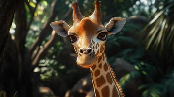 A close-up of a giraffe against lush greenery showcases its gentle nature and captivating gaze in a serene, wild setting. photo