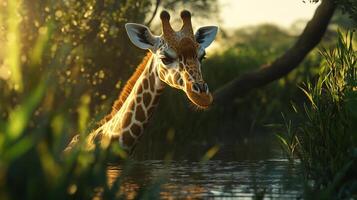 Giraffe quenches its thirst in a tranquil river, surrounded by lush greenery and bathed in the warm glow of the setting sun. photo