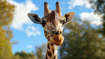 Close-up portrait of a giraffe in a natural habitat, showcasing its unique coat pattern and gentle expression against a blue sky backdrop. photo