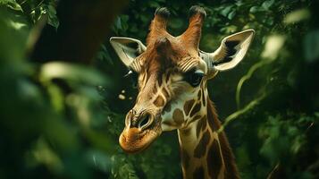 Portrait of a giraffe amidst lush foliage, capturing its gentle nature and striking patterns in a naturalistic setting. photo