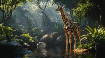 Giraffe in a lush jungle oasis, drinking water from a stream, a tranquil wildlife scene in a forest under sunlight. photo