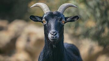 A striking portrait of a black goat with prominent horns, its amber eyes fixed in a direct gaze against a blurred backdrop. photo