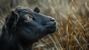 Portrait of a black goat looking up in a field of tall brown grass. The goat has amber eyes and a dark muzzle. photo