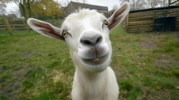 Close-up of a friendly goat with white fur and distinctive ears, captured on a grassy farm with a charming barn in the backdrop. photo