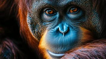 A close-up captures the thoughtful gaze of an orangutan, highlighting its captivating eyes and distinctive facial features. photo