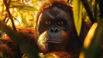 Portrait of a thoughtful orangutan looking directly at the viewer amidst lush foliage, eyes reflecting intelligence and calmness. photo